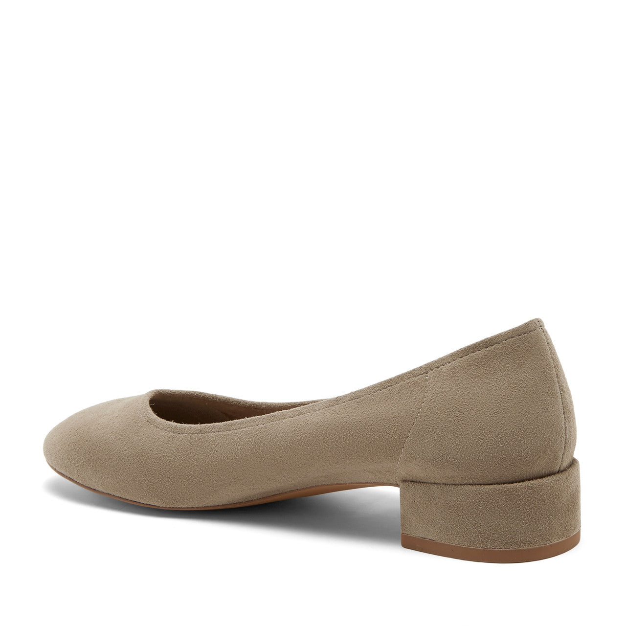 The Round Toe Classic Low Heel Pump in Taupe Suede