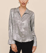 Load image into Gallery viewer, The Metallic Button Down Blouse in Silver
