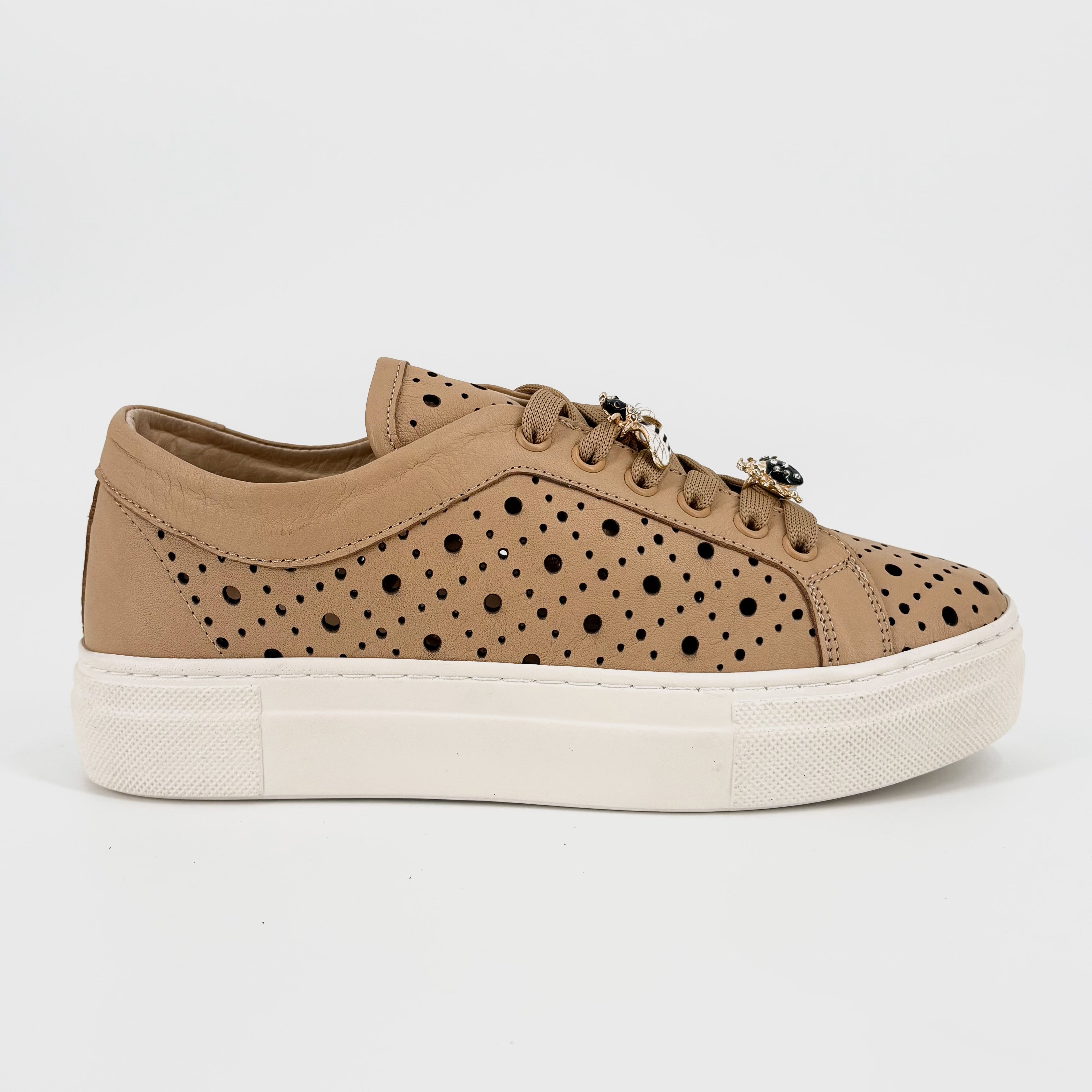 The Perforated Sneaker with Bug Ornaments in Camel