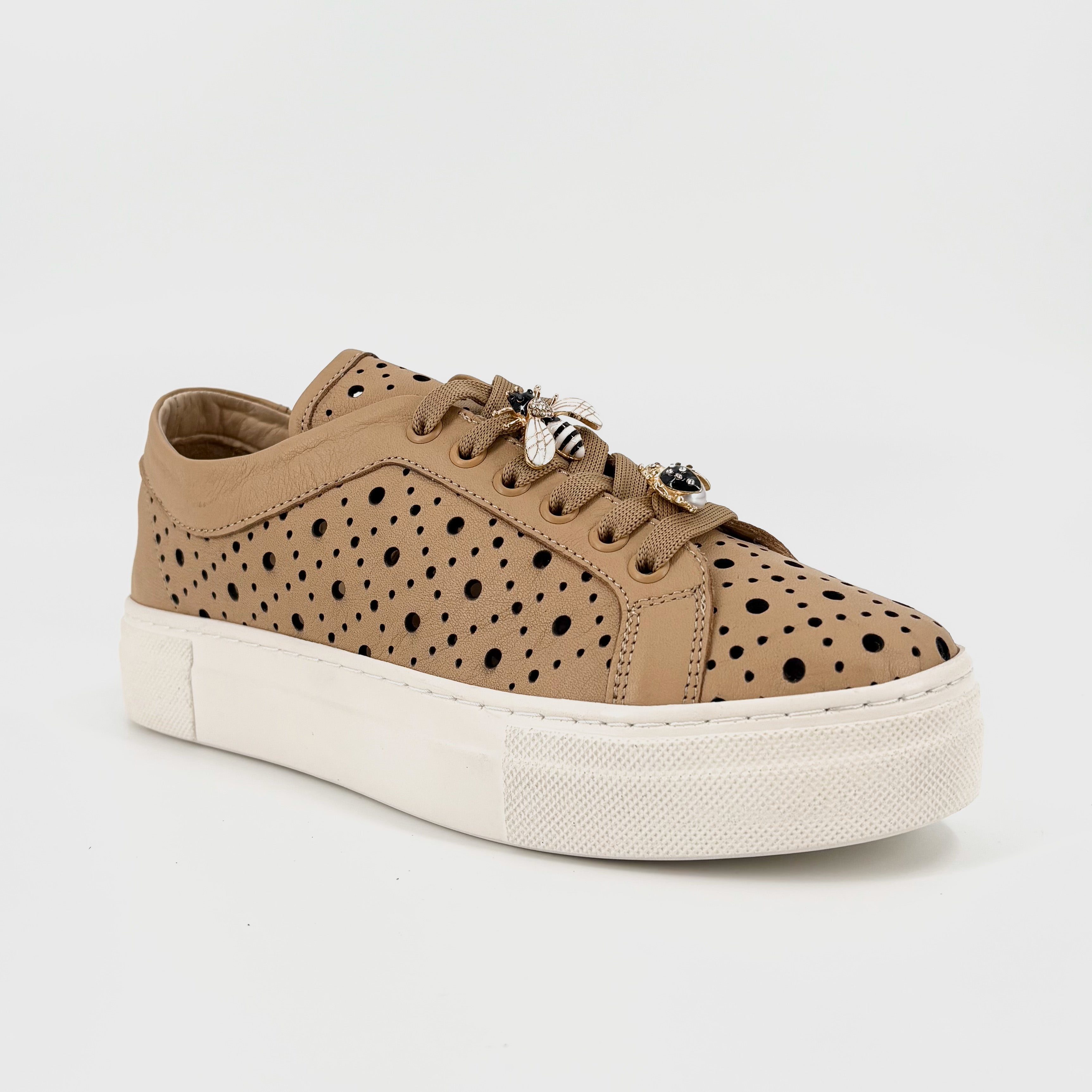 The Perforated Sneaker with Bug Ornaments in Camel