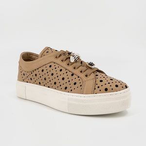 The Perforated Sneaker with Bug Ornaments in Camel