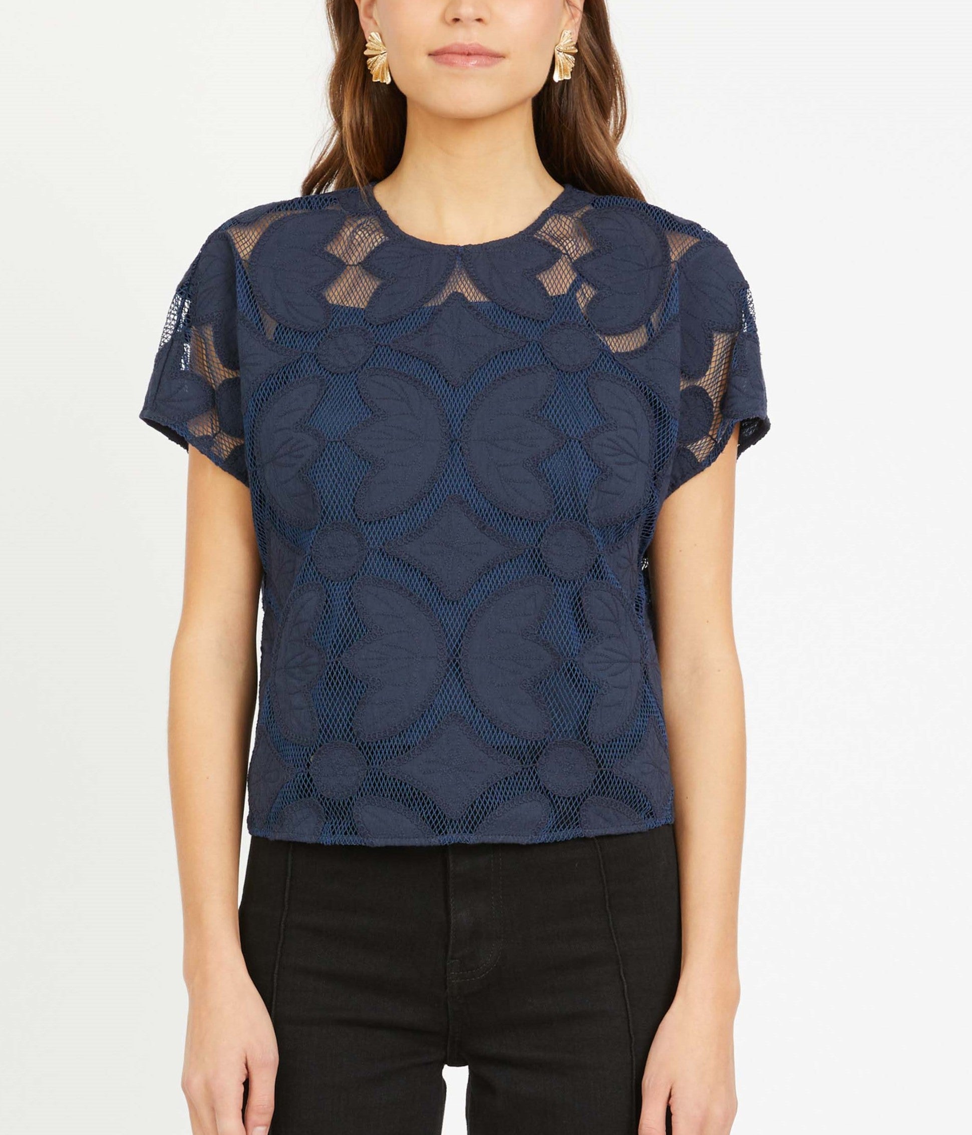The Lace Short Sleeve Top in Navy