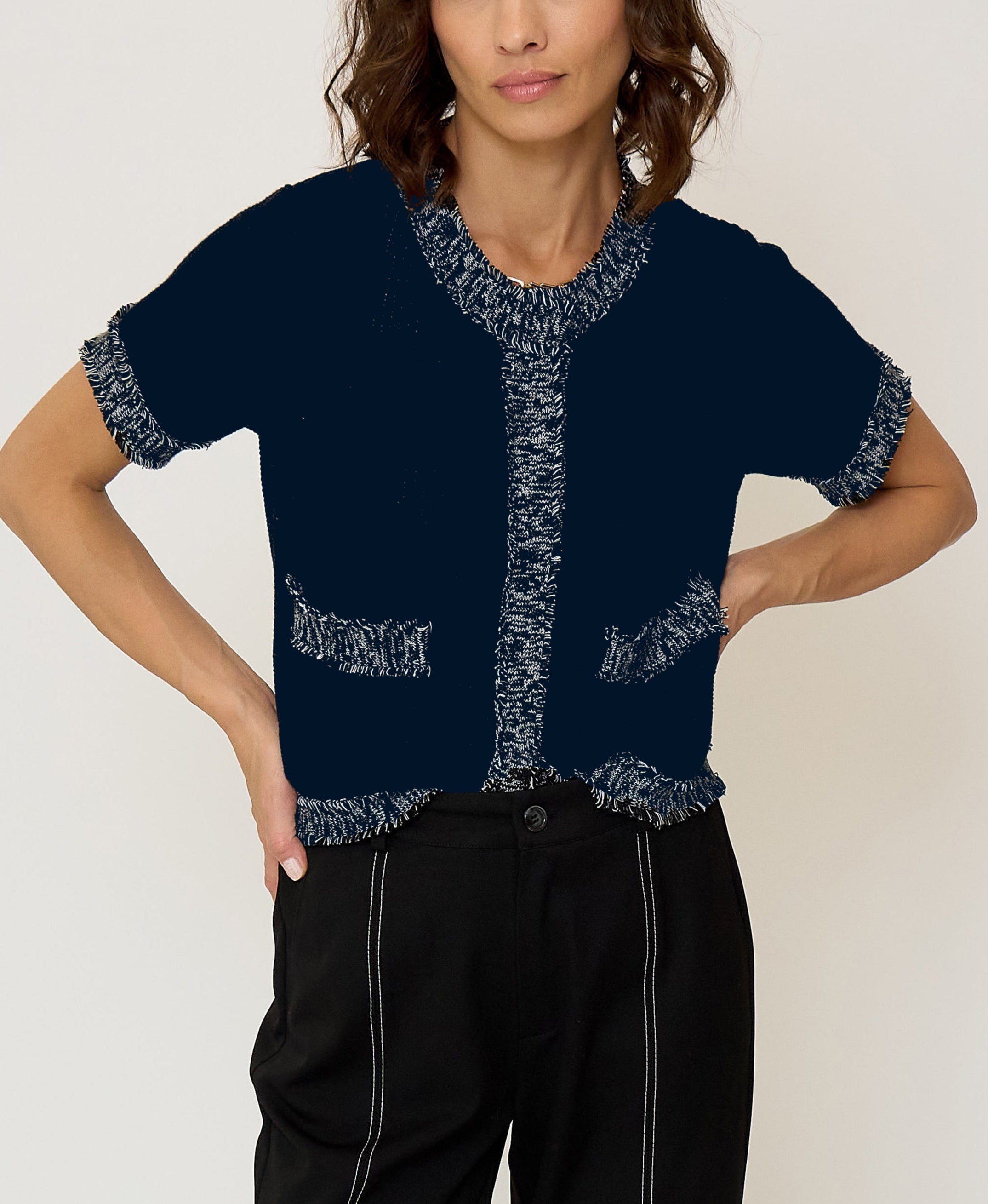 The Fray Edge Short Sleeve Cardigan in Navy