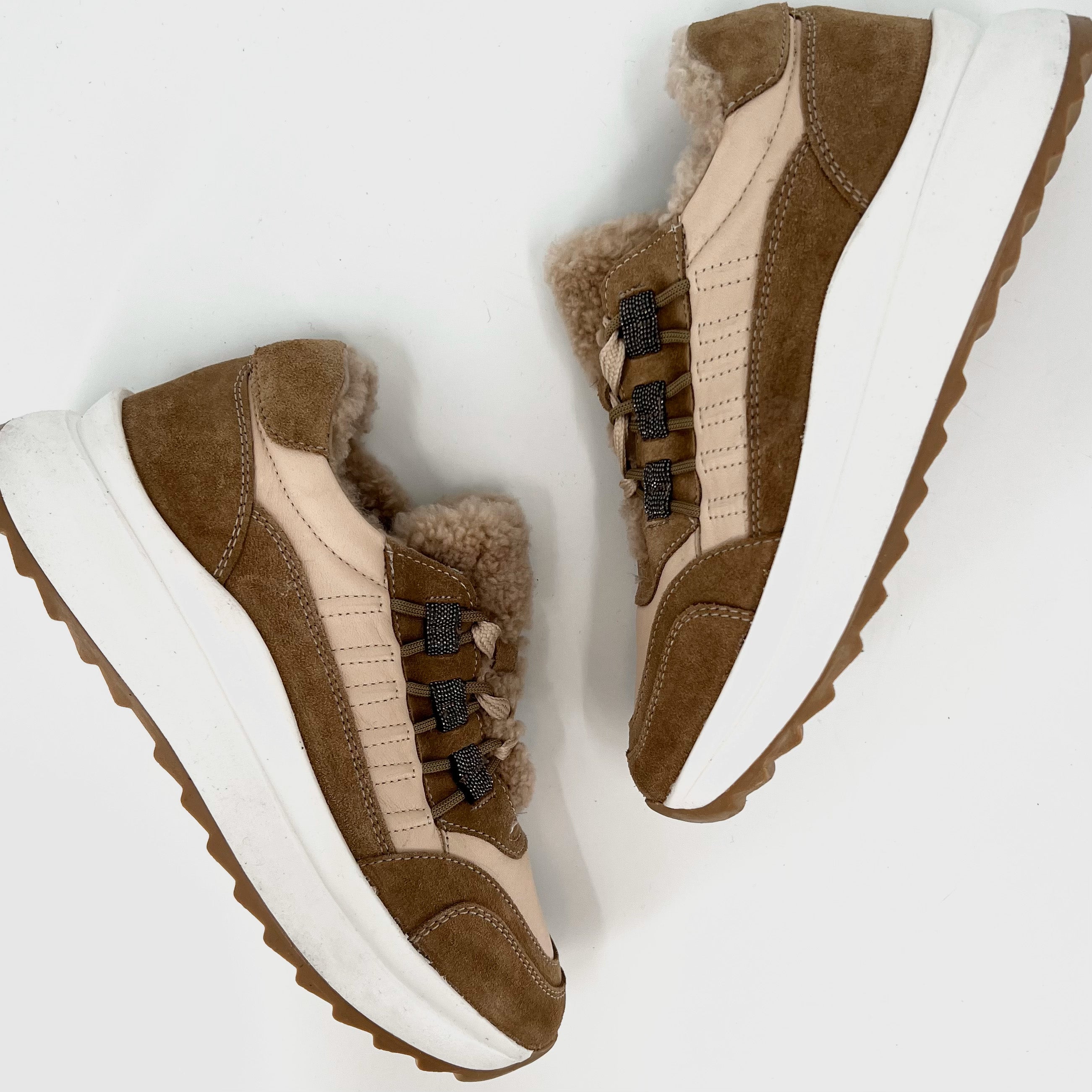 The Fur Lined Lace Trainer in Tan