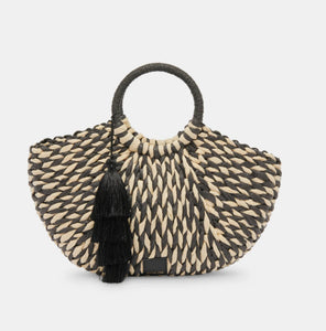 The Circle Handle Woven Straw Bag in Black Natural