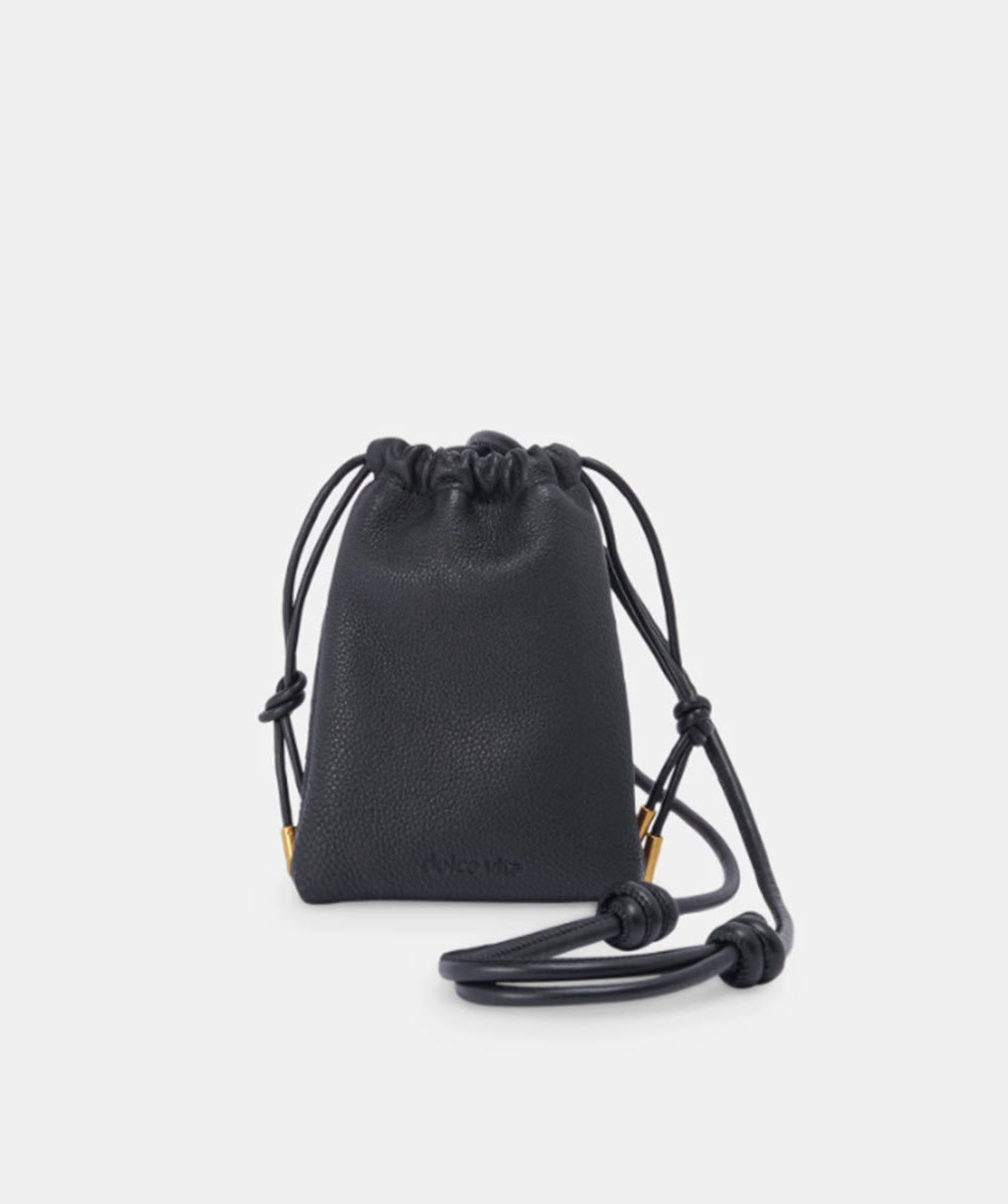The Drawstring Leather Cell Phone Crossbody in Black