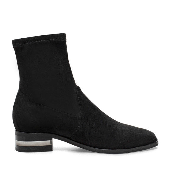 The Lucite Stack Heel Stretch Bootie in Black