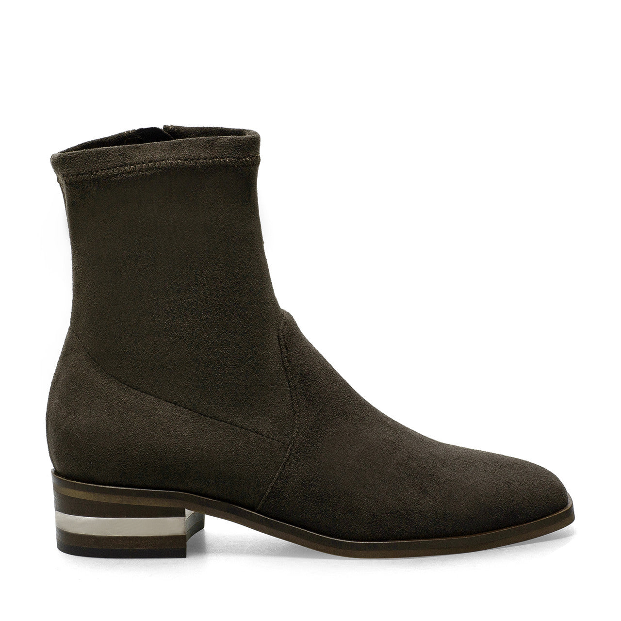 The Lucite Stack Heel Stretch Bootie in Chocolate
