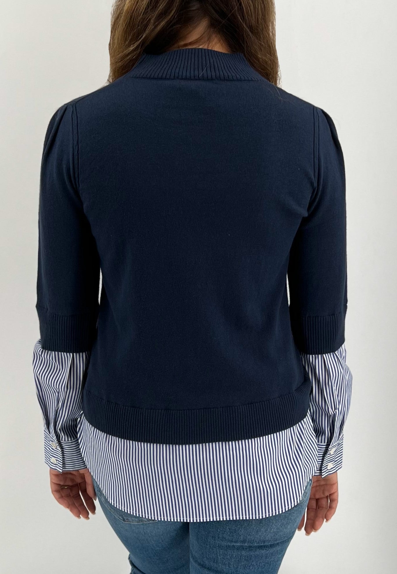 The Stripe Layered Crew Sweater in Navy