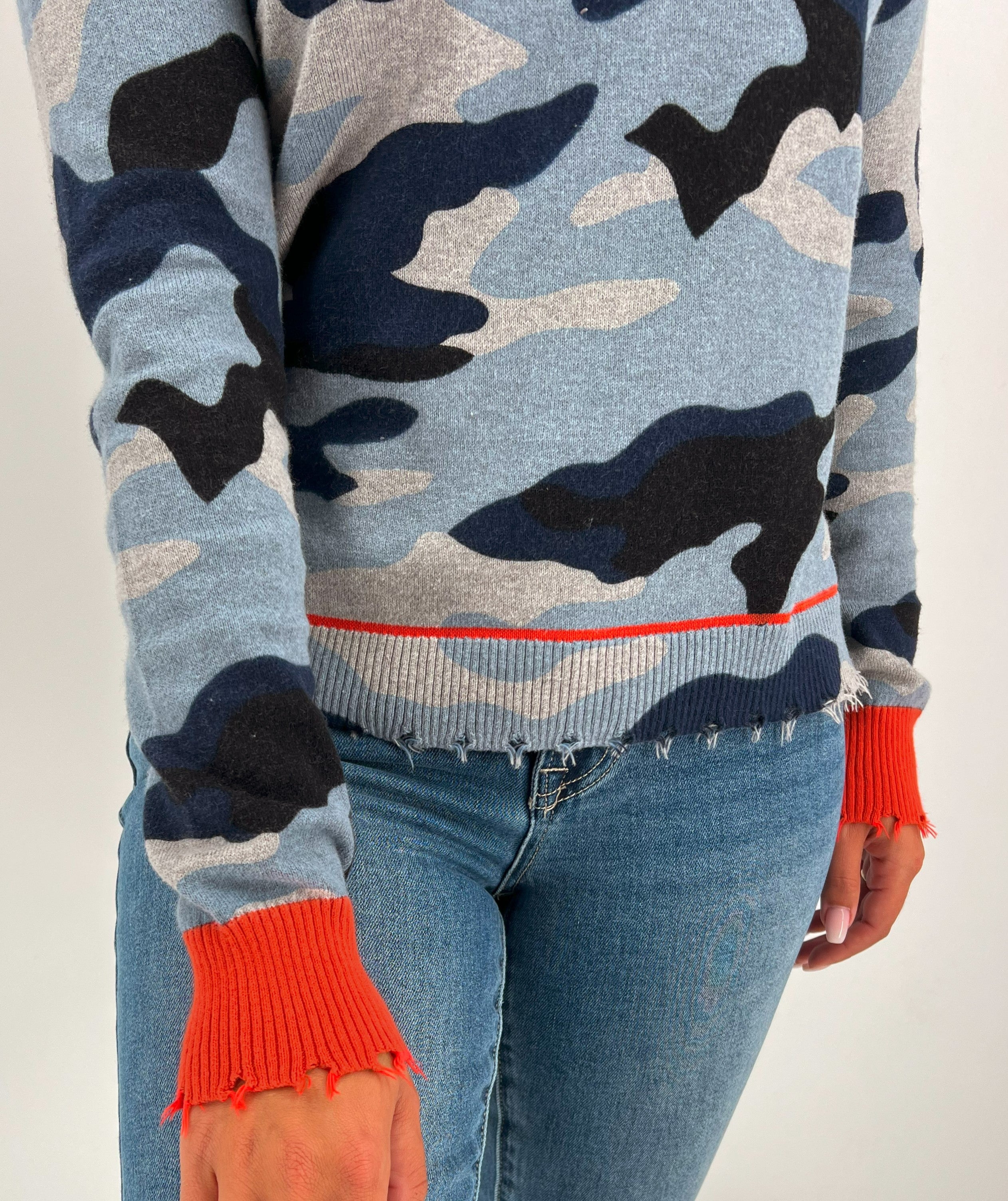The Distressed Camo V-Neck Sweater in Denim Orange