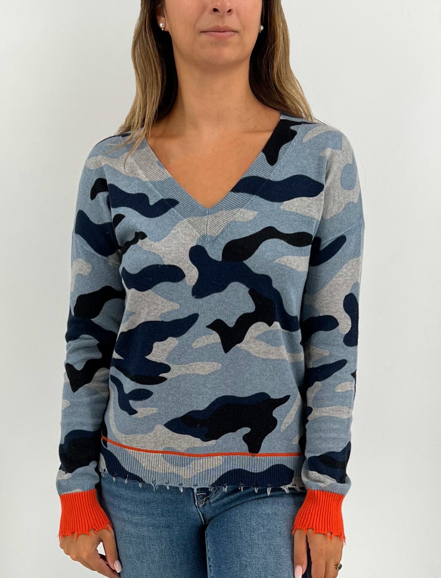 The Distressed Camo V-Neck Sweater in Denim Orange