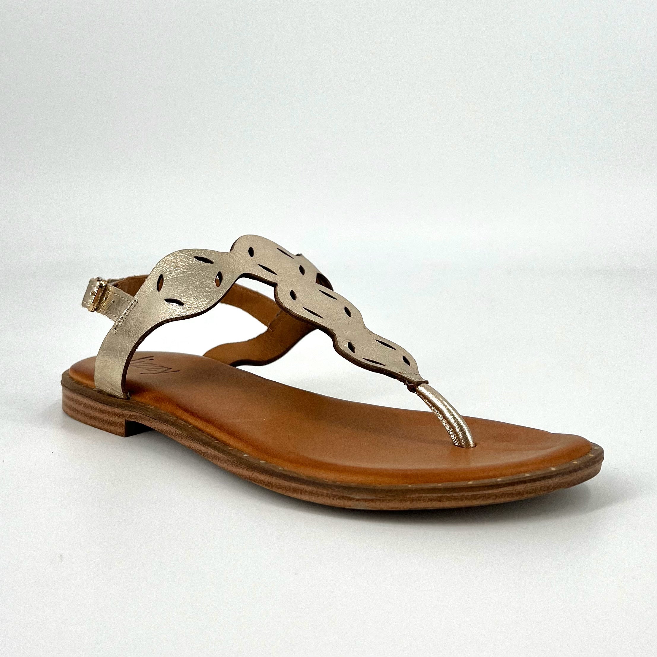 The Laser Cut Comfort Thong Sandal in Gold