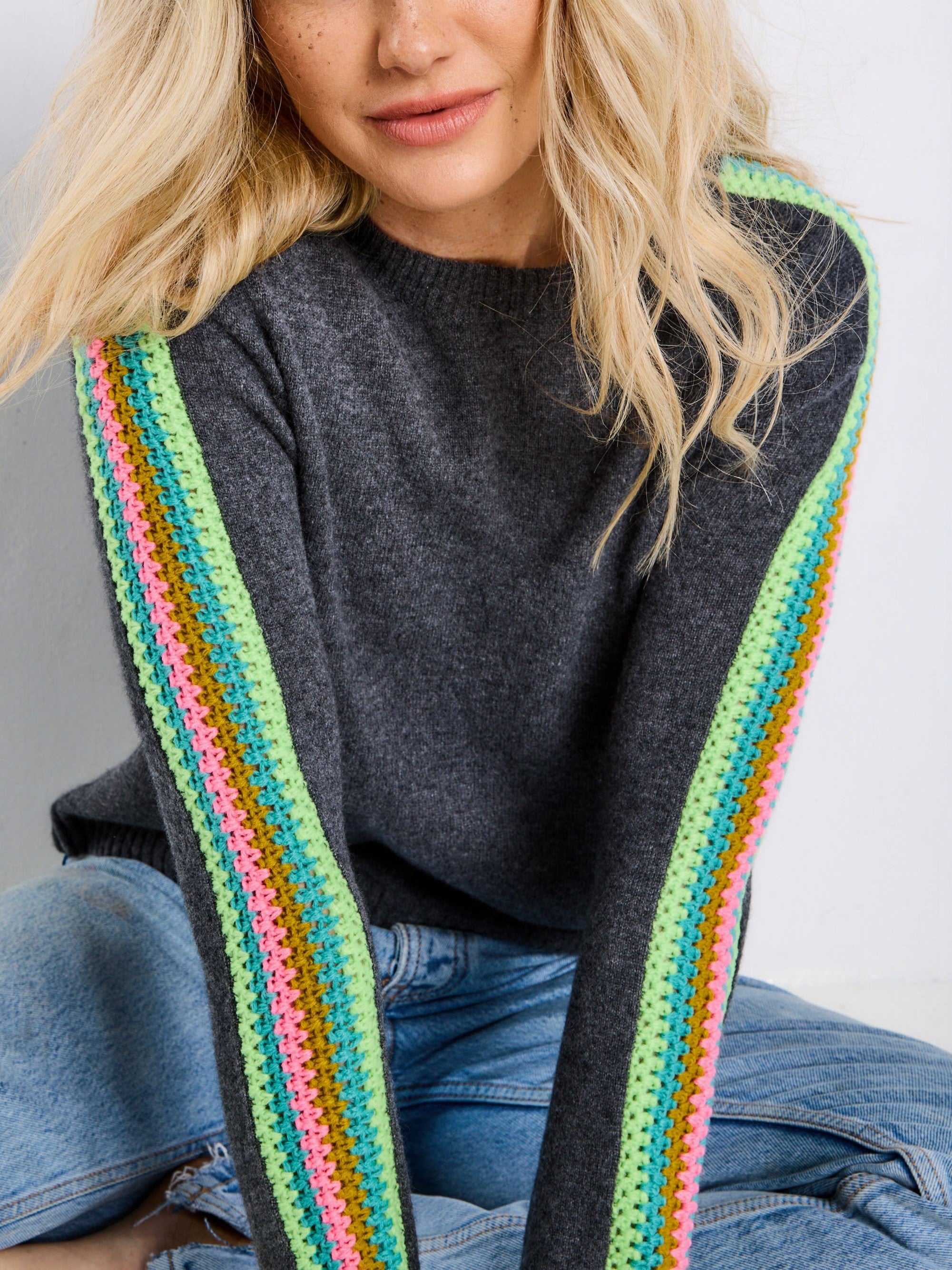 The Crochet Sleeve Cashmere Sweater in Flannel