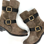 Load image into Gallery viewer, The Double Belt Moto Bootie in Grey Black
