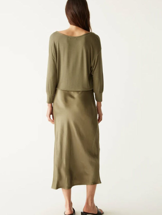 The Mixed Fabric Satin Dress in Olive
