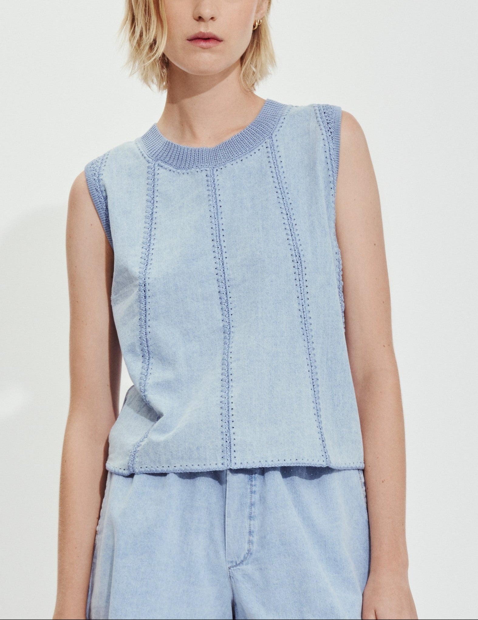 The Crochet Denim Top in Chambray