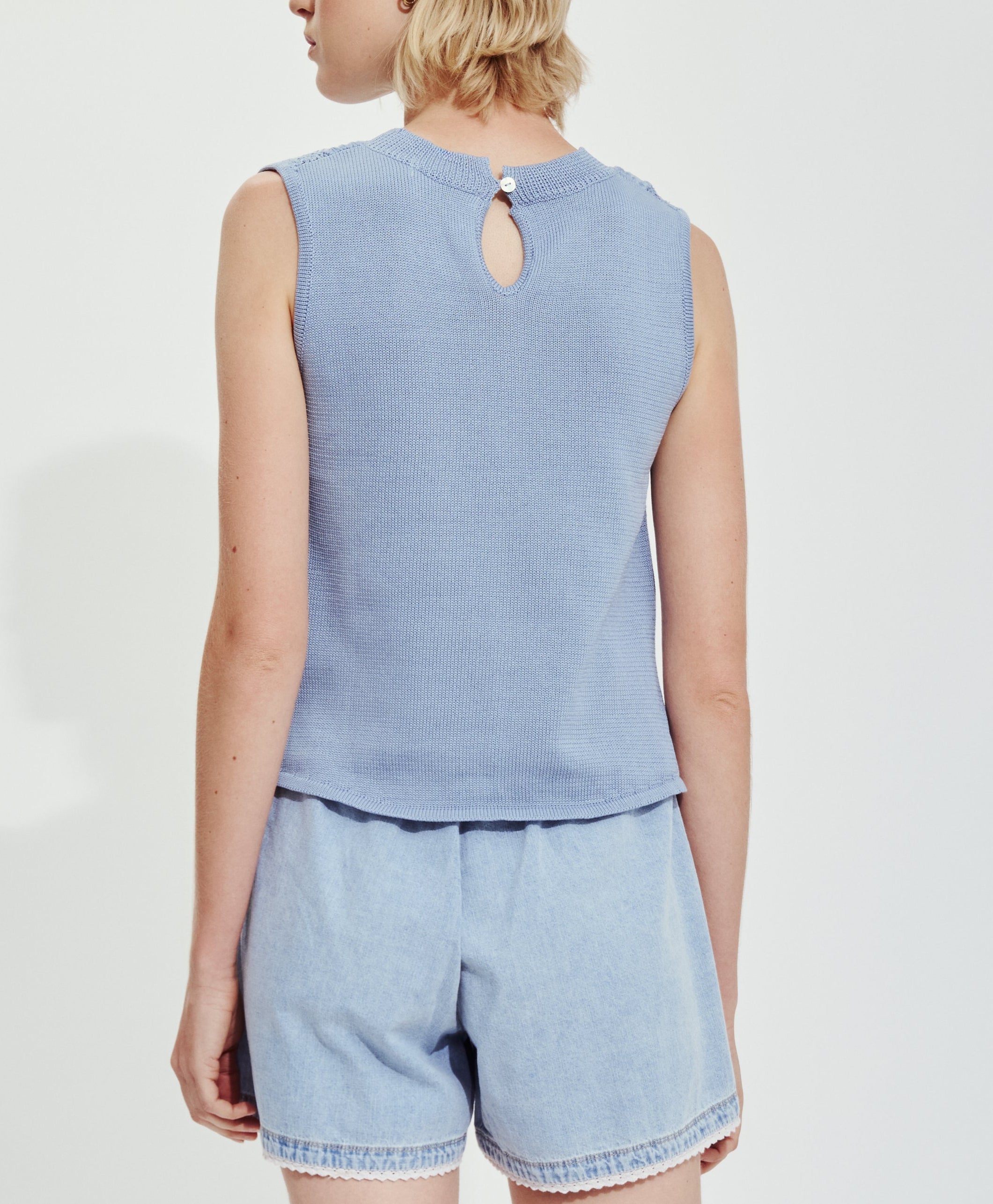 The Crochet Denim Top in Chambray