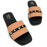 Load image into Gallery viewer, The Flat Studded 2-Tone Sandal in Tan Black
