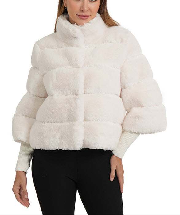 The Hi Collar Faux Fur Jacket in Ivory
