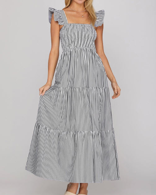 The Stripe Flutter Sleeve Smock Maxi Dress in Navy