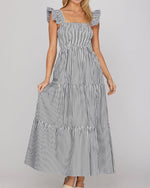 Load image into Gallery viewer, The Stripe Flutter Sleeve Smock Maxi Dress in Navy
