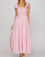 Load image into Gallery viewer, The Stripe Flutter Sleeve Smock Maxi Dress in Pink
