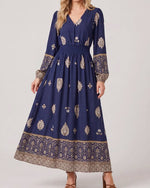 Load image into Gallery viewer, The Border Print Maxi Dress in Navy
