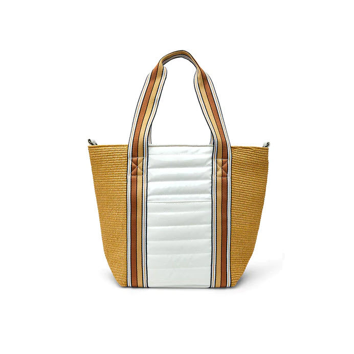 The Sunset Tote in Dune Raffia and White Patent