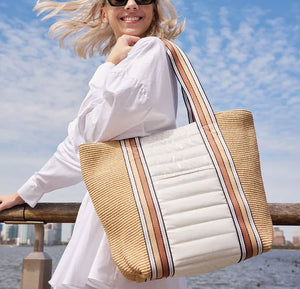 The Sunset Tote in Dune Raffia and White Patent