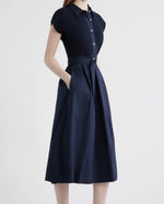 Load image into Gallery viewer, The Belted Mixed Media Midi in Navy
