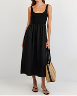 Load image into Gallery viewer, The Mix Media Linen Midi Dress in Black
