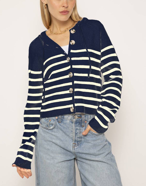 The Stripe Hooded Cardi in Navy White