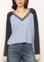 Load image into Gallery viewer, The V-Neck Color block Sweater in Blue multi
