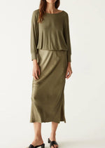Load image into Gallery viewer, The Mixed Fabric Satin Dress in Olive
