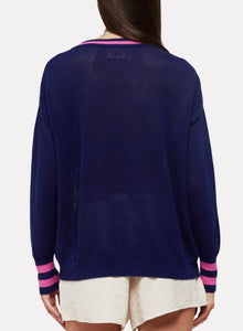 The Perforated VNeck Sweater in Navy Pink