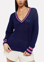 Load image into Gallery viewer, The Perforated VNeck Sweater in Navy Pink
