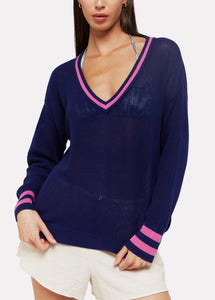 The Perforated VNeck Sweater in Navy Pink