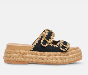 The Dual Buckle Sandal With Crochet Trim in Black