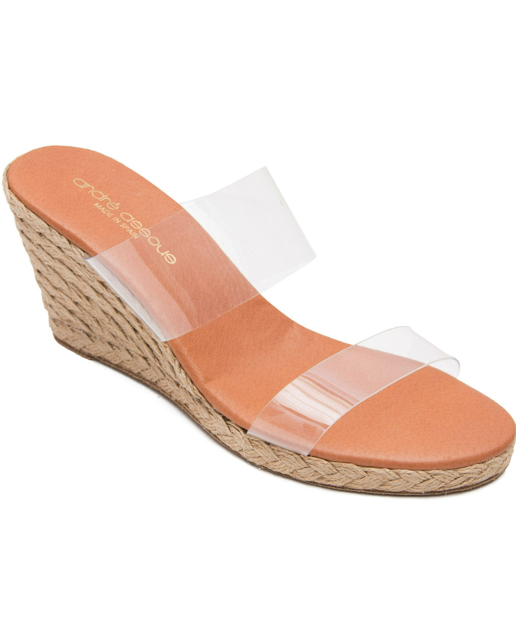 Anfisa Andre Assous Like walking on a cloud.  Clear-colored double straps that go with anything. Memory foam insoles so comfortable, you'll rush to wear these with everything. You will love these just-right height wedges, espadrille style. Skirt and dress friendly, too.