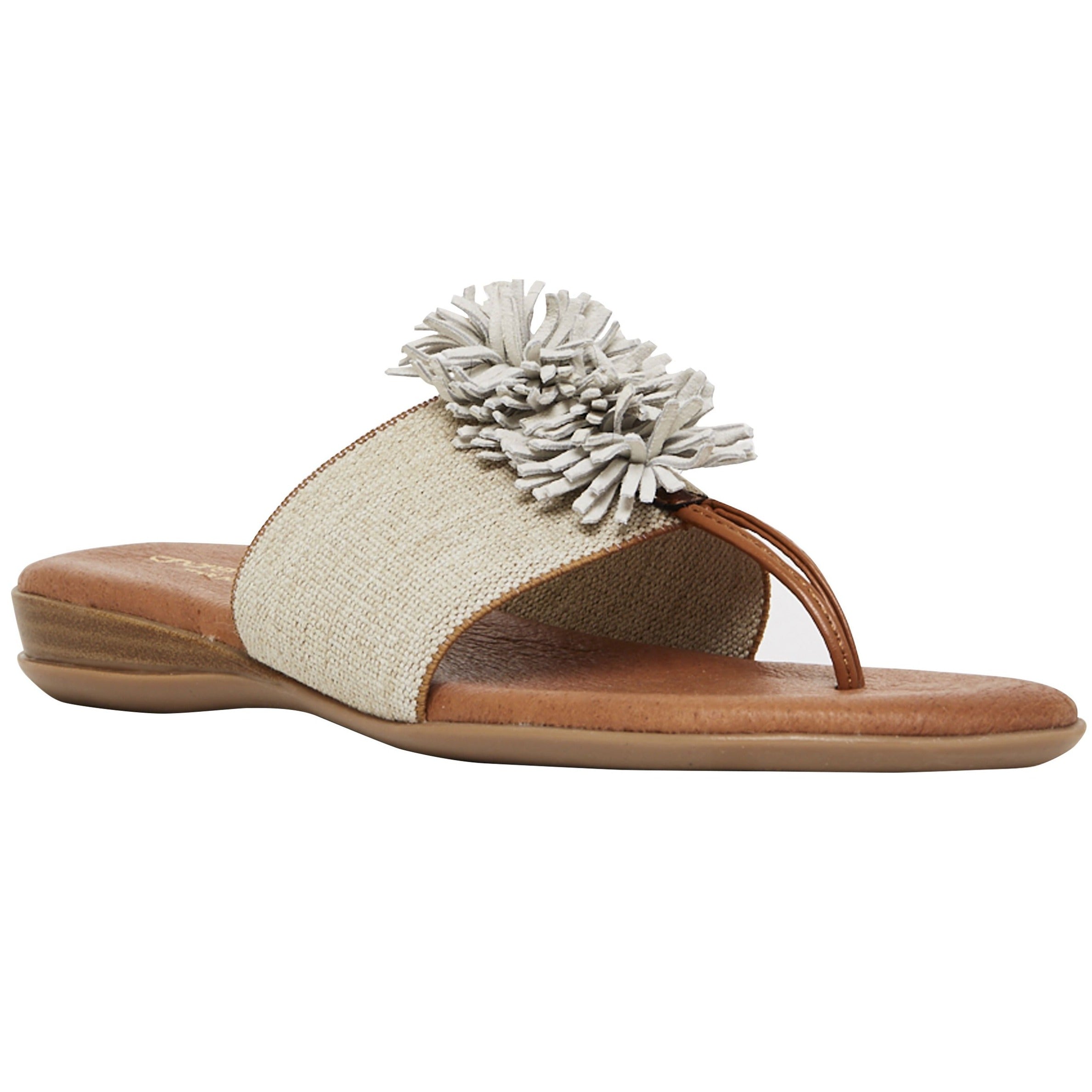 Slide on and go. The single band with festive puff decor adds a pop of fun to any ensemble. Feel delicious all day in memory foam cushioned insoles. Walking. Lunching. Boardwalk, brunch, dinner. Easy Breezy and So Cute.802568908107 802568908114 802568908121 802568908138 802568908145 802568908152 802568908169 802568908169 andre assous Novalee - The Elastic Thong Sandal in Beige Linen