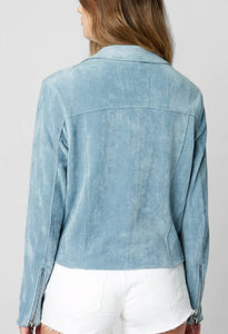 The Vegan Suede Moto Jacket in Light Blue