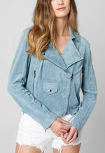 Load image into Gallery viewer, The Vegan Suede Moto Jacket in Light Blue
