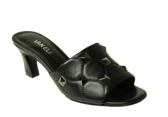 The Mid Heel Quilted Pyramid Stud Slide in Black