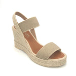 Load image into Gallery viewer, The Elastic 2 Band Espadrille in Natural Linen. This timeless and fashionable 2 band elastic top selling platform jute espadrille on mid wedge is the perfect neutral shoe for any outfit.
