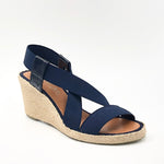Load image into Gallery viewer, The Elastic Espadrille Sandal in Navy Go anywhere in this classic top selling elastic espadrille on mid wedge. The elastic upper fits &amp; flatters all types of feet and offers a great deal of comfort.
