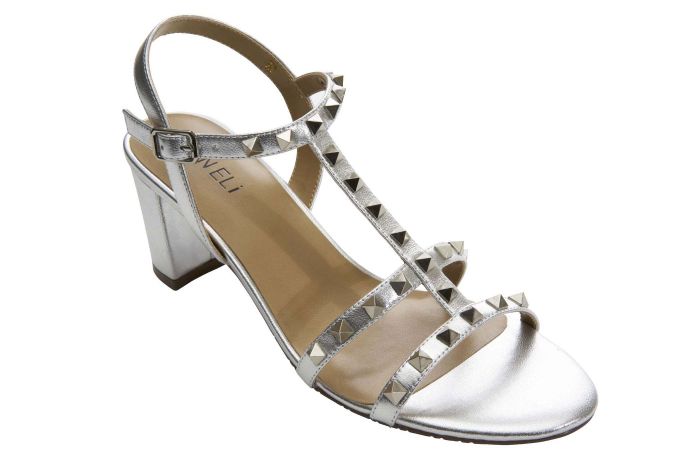 The Mid Heel Pyramid Stud Sandal in Silver
